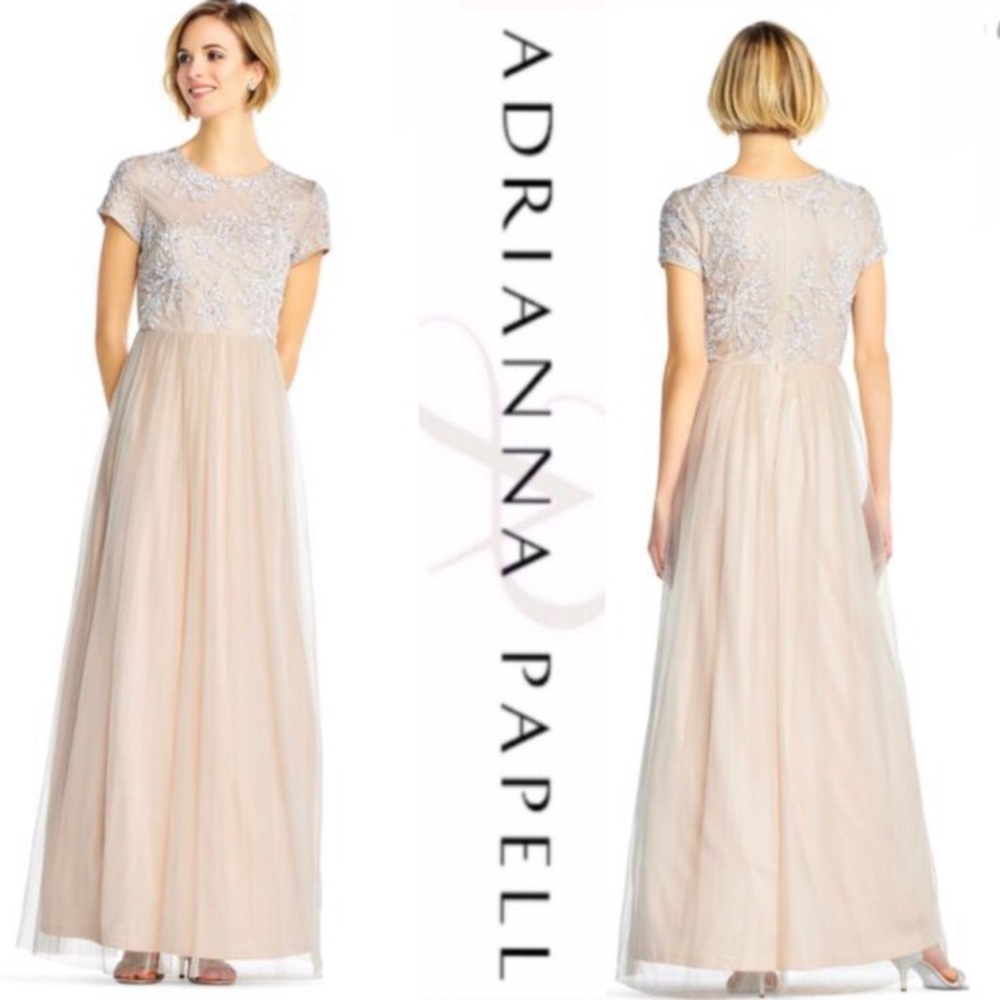 Adrianna Papell tulle gown floral beaded bodice